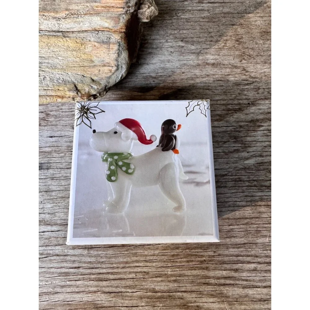 Pier 1 Imports Art Glass Dog Penguin Christmas Figurine Opposites Attract W Box